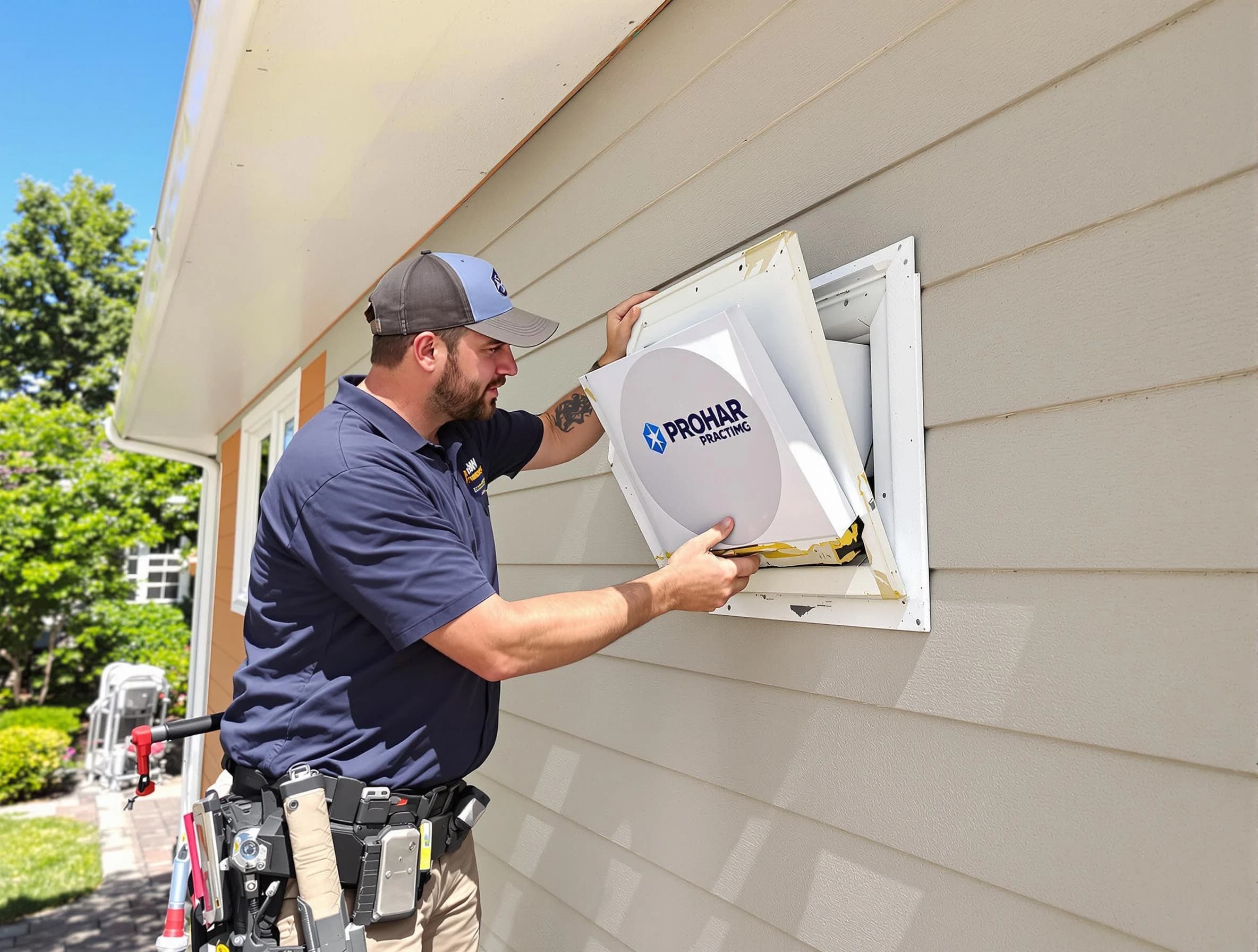 Englewood Dryer Vent Cleaning technician installing a new protective dryer vent cover on a home in Englewood