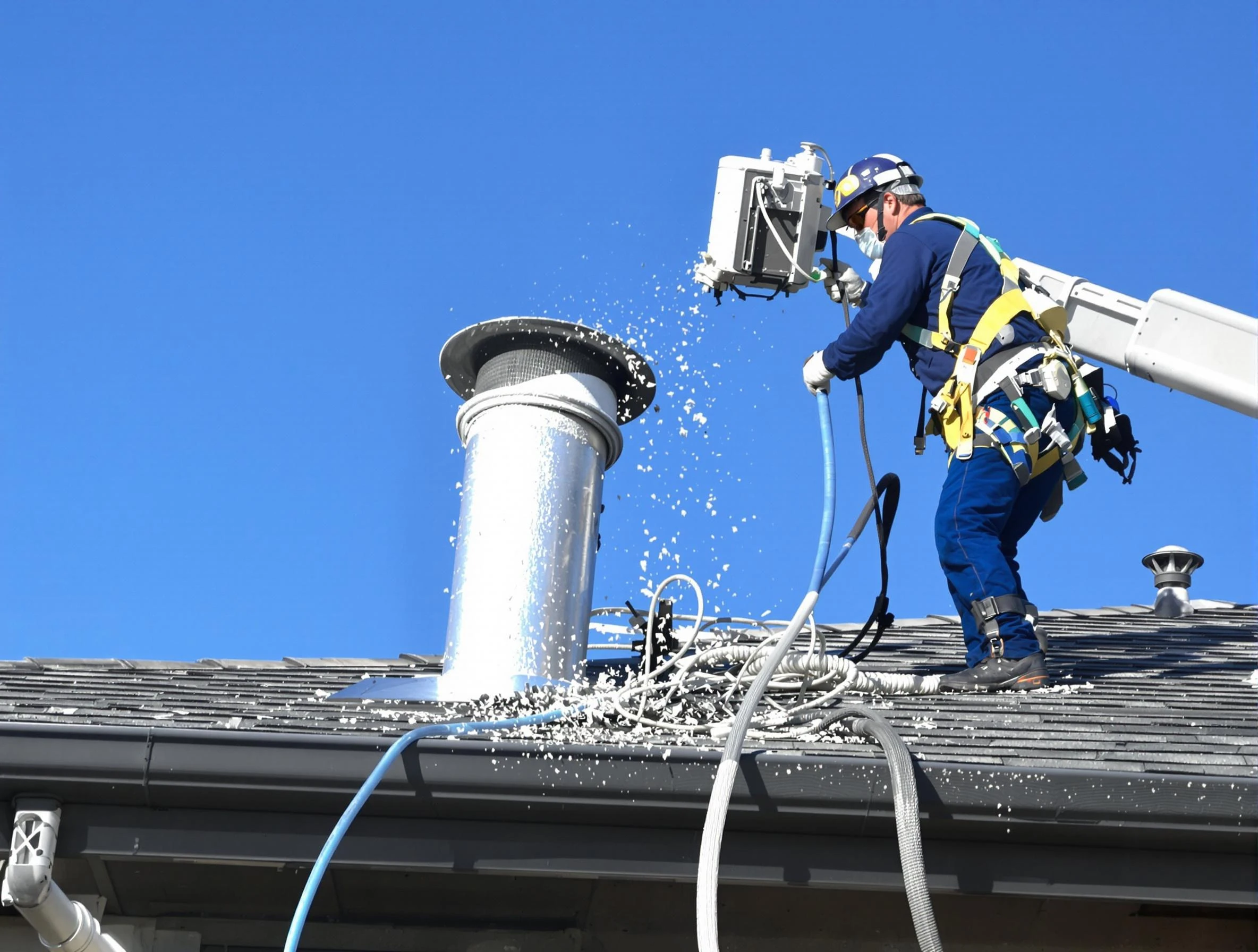 Englewood Dryer Vent Cleaning certified technician safely cleaning a roof-mounted dryer vent in Englewood