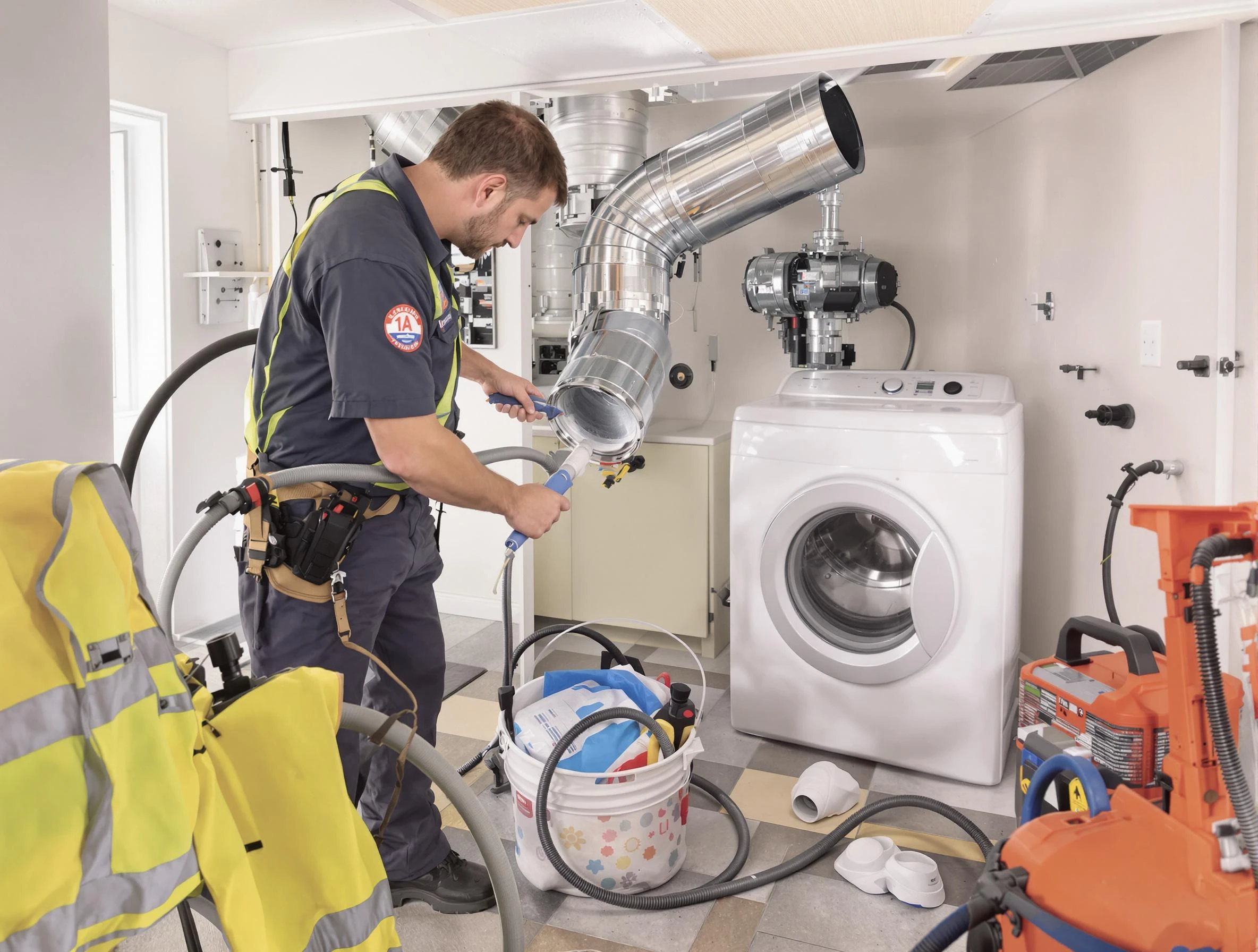 Englewood Dryer Vent Cleaning technician using specialized equipment to clear severe dryer vent blockage in Englewood
